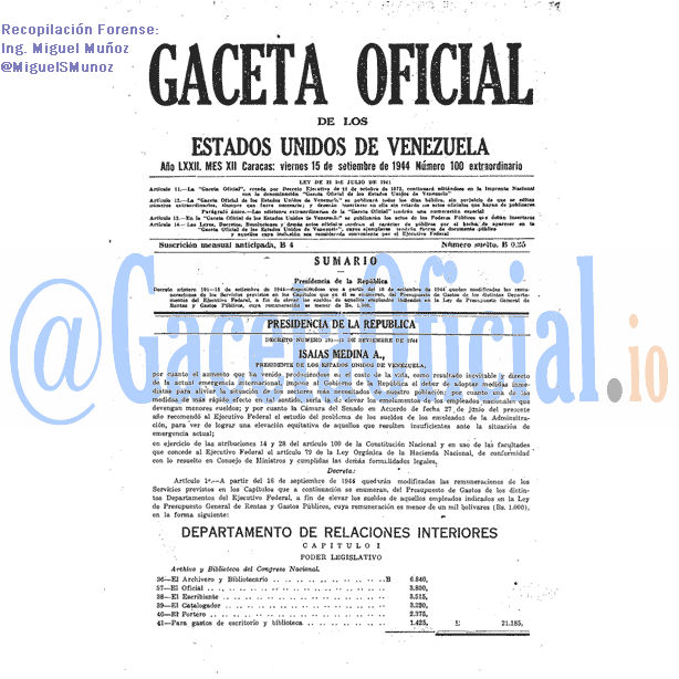 Gaceta Oficial 100 del 15 Septiembre 1944
