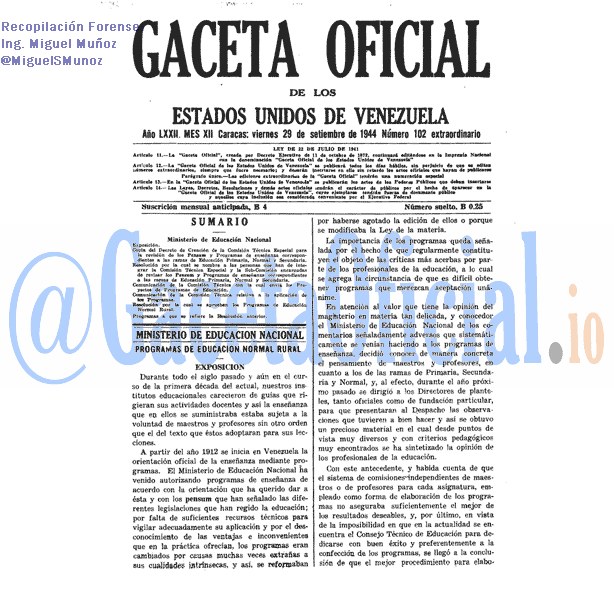 Gaceta Oficial 102 del 29 Septiembre 1944