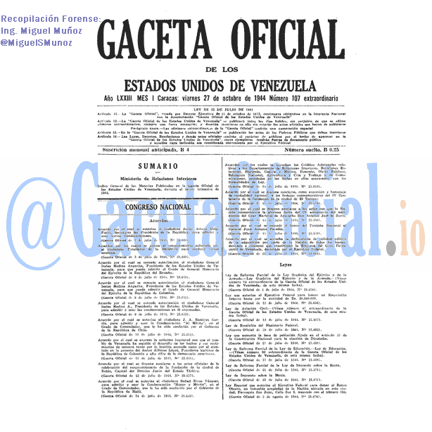 Gaceta Oficial 107 del 27 Octubre 1944