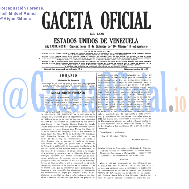 Gaceta Oficial 114 del 18 Diciembre 1944