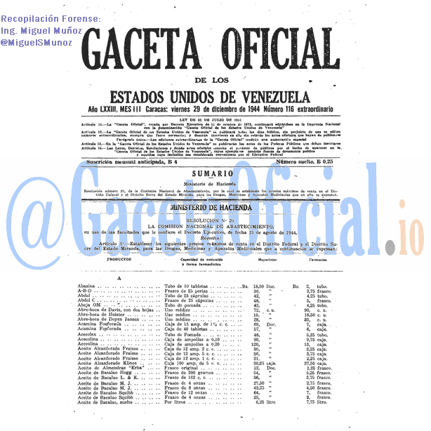 Gaceta Oficial 116 del 29 Diciembre 1944