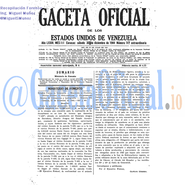 Gaceta Oficial 117 del 30 Diciembre 1944
