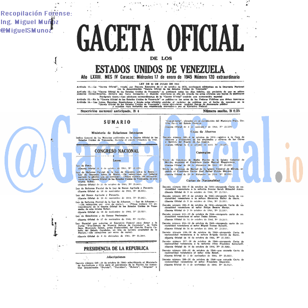 Gaceta Oficial 120 del 17 Enero 1945