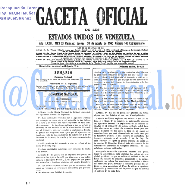 Gaceta Oficial 146 del 30 Agosto 1945