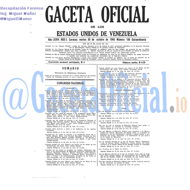 Gaceta Oficial 156 del 30 Octubre 1945