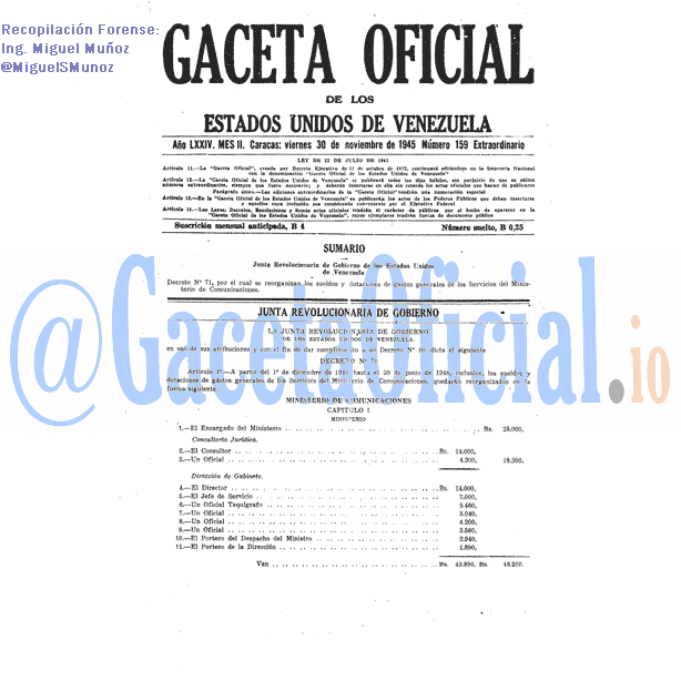 Gaceta Oficial 159 del 30 Noviembre 1945