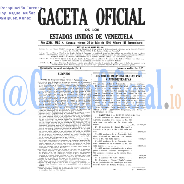 Gaceta Oficial 181 del 26 Julio 1946