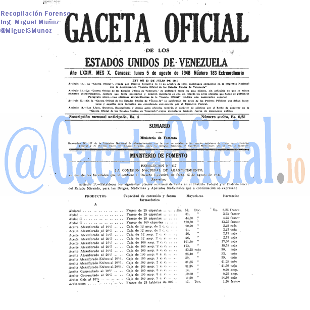 Gaceta Oficial 183 del 5 Agosto 1946