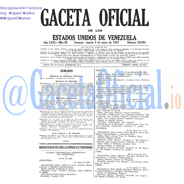 Gaceta Oficial 20993 del 5 Enero 1943