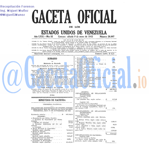 Gaceta Oficial 20997 del 9 Enero 1943