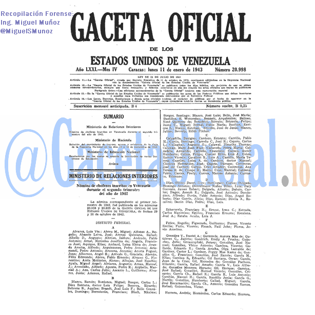 Gaceta Oficial 20998 del 11 Enero 1943