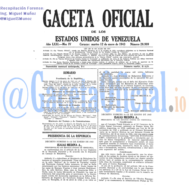 Gaceta Oficial 20999 del 12 Enero 1943