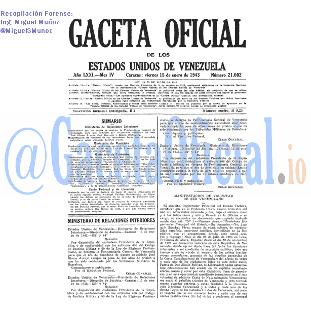 Gaceta Oficial 21002 del 15 Enero 1943