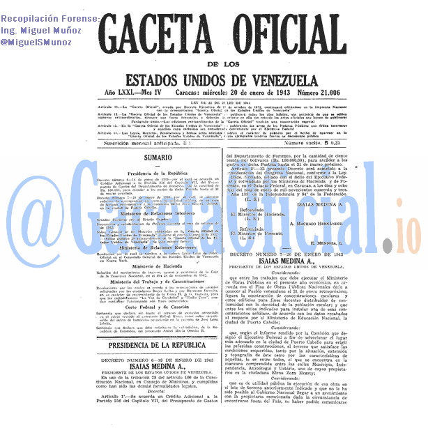 Gaceta Oficial 21006 del 20 Enero 1943
