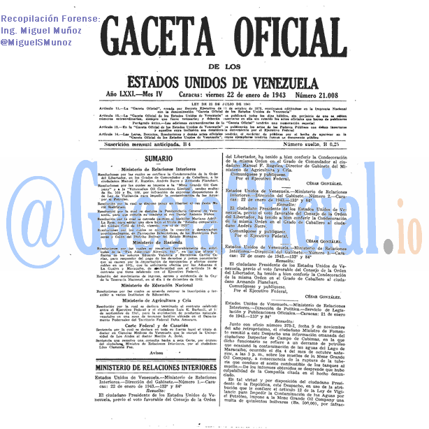 Gaceta Oficial 21008 del 22 Enero 1943