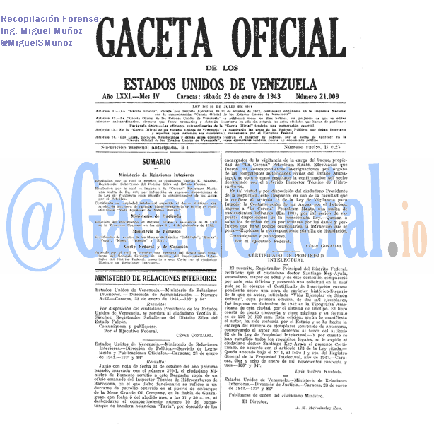 Gaceta Oficial 21009 del 23 Enero 1943