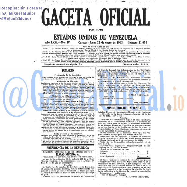 Gaceta Oficial 21010 del 25 Enero 1943