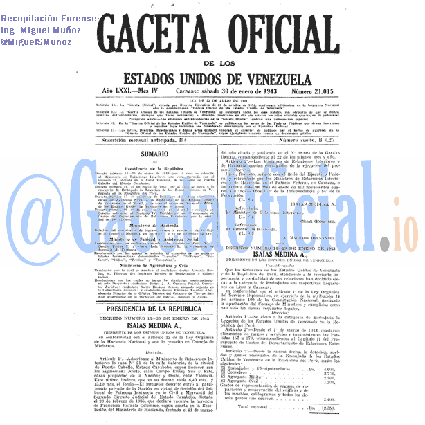Gaceta Oficial 21015 del 30 Enero 1943