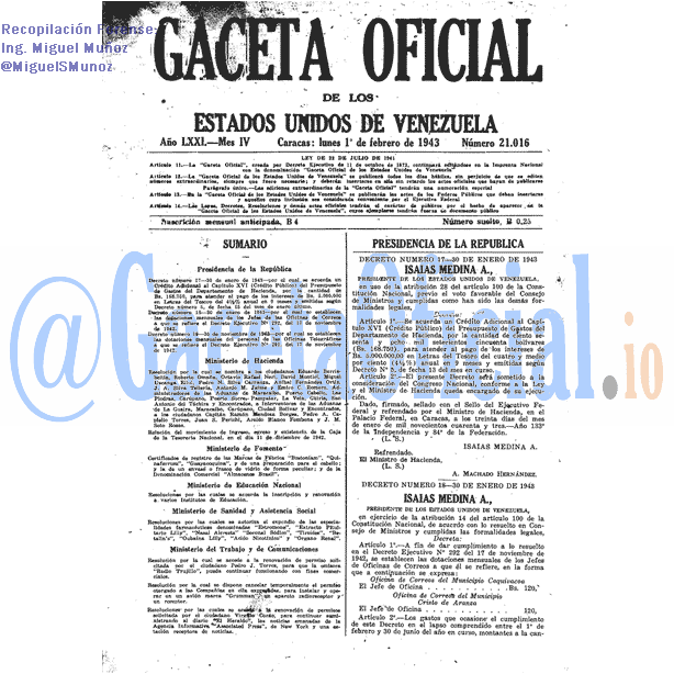 Gaceta Oficial 21016 del 1 Febrero 1943