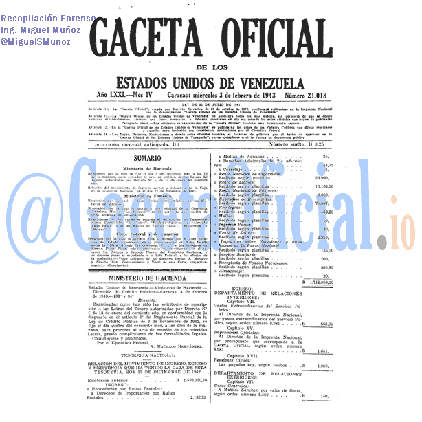 Gaceta Oficial 21018 del 3 Febrero 1943