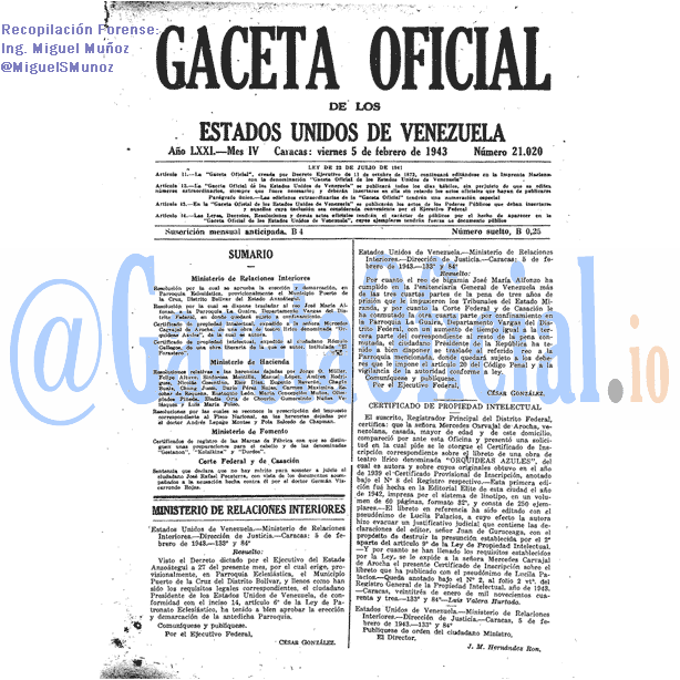 Gaceta Oficial 21020 del 5 Febrero 1943