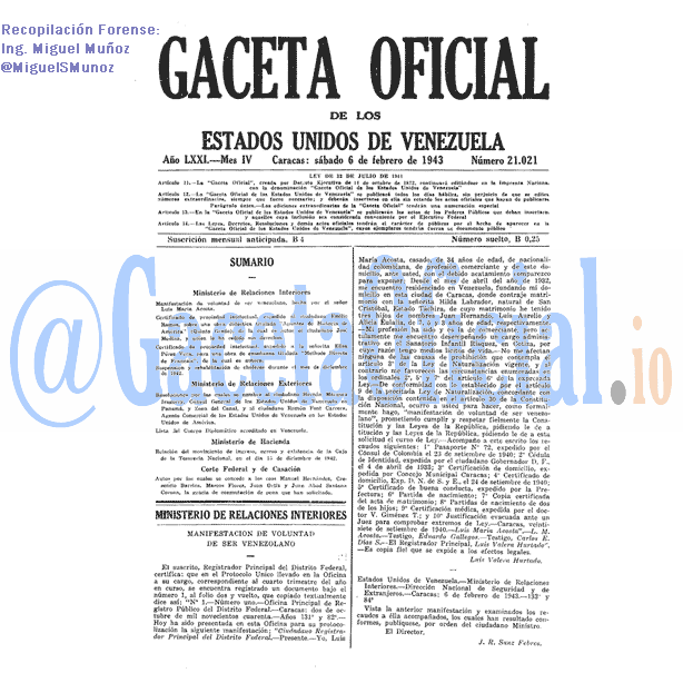 Gaceta Oficial 21021 del 6 Febrero 1943