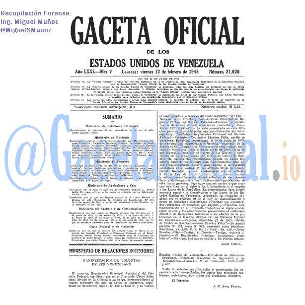 Gaceta Oficial 21026 del 12 Febrero 1943