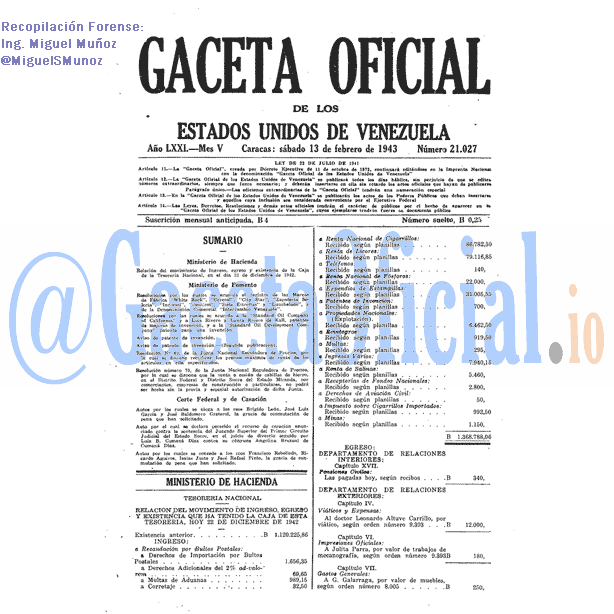 Gaceta Oficial 21027 del 13 Febrero 1943