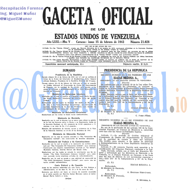 Gaceta Oficial 21028 del 15 Febrero 1943