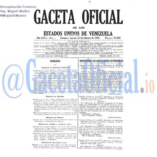Gaceta Oficial 21029 del 16 Febrero 1943