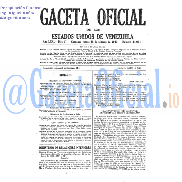 Gaceta Oficial 21031 del 18 Febrero 1943