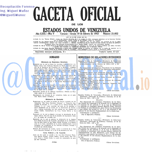 Gaceta Oficial 21032 del 19 Febrero 1943