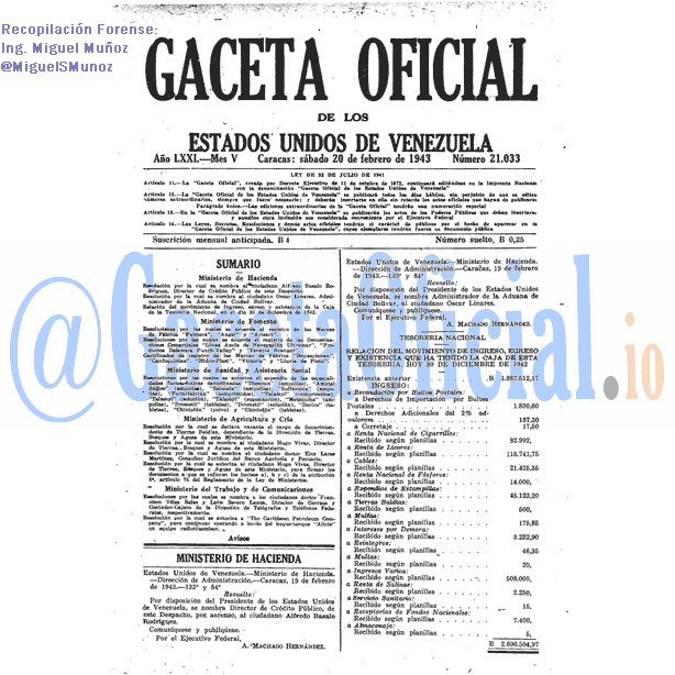 Gaceta Oficial 21033 del 20 Febrero 1943