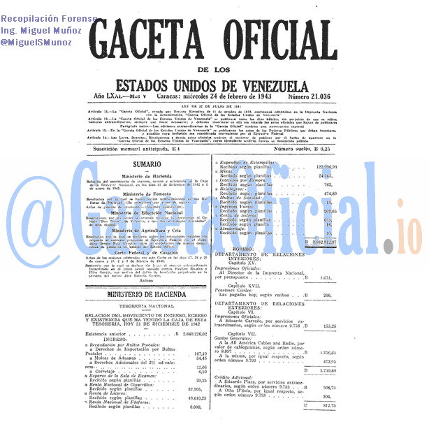 Gaceta Oficial 21036 del 24 Febrero 1943