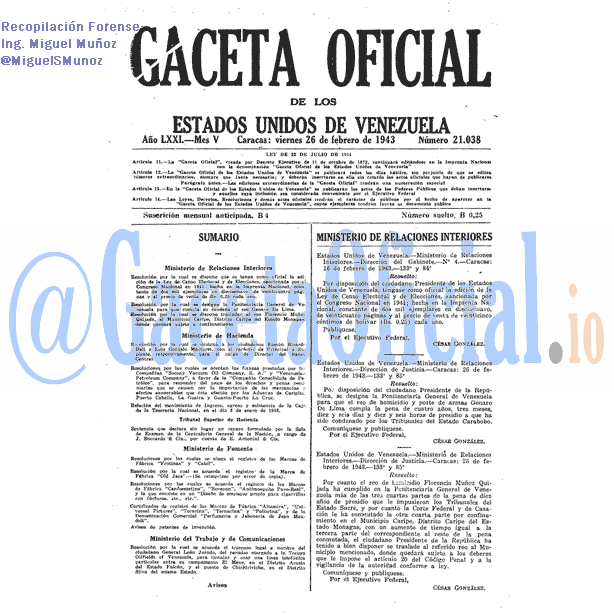Gaceta Oficial 21038 del 26 Febrero 1943