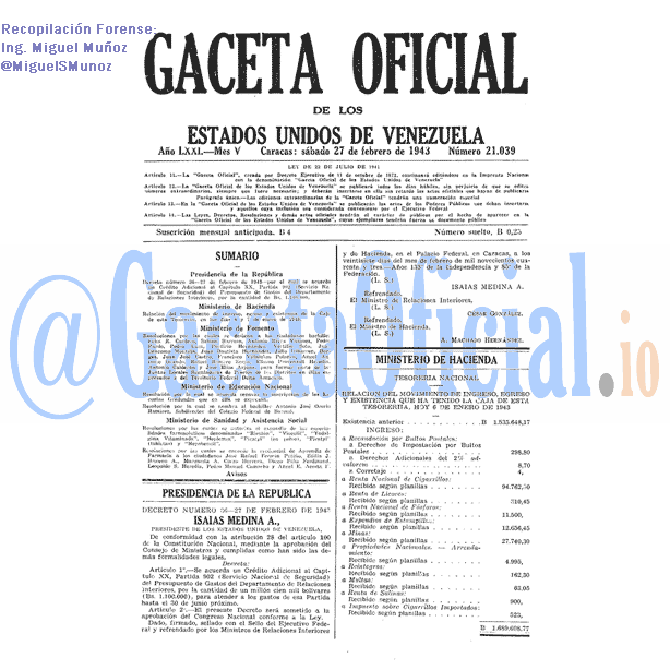 Gaceta Oficial 21039 del 27 Febrero 1943