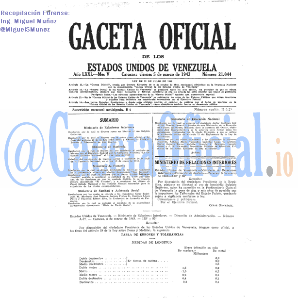 Gaceta Oficial 21044 del 5 Marzo 1943