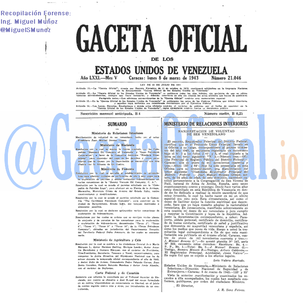 Gaceta Oficial 21046 del 8 Marzo 1943