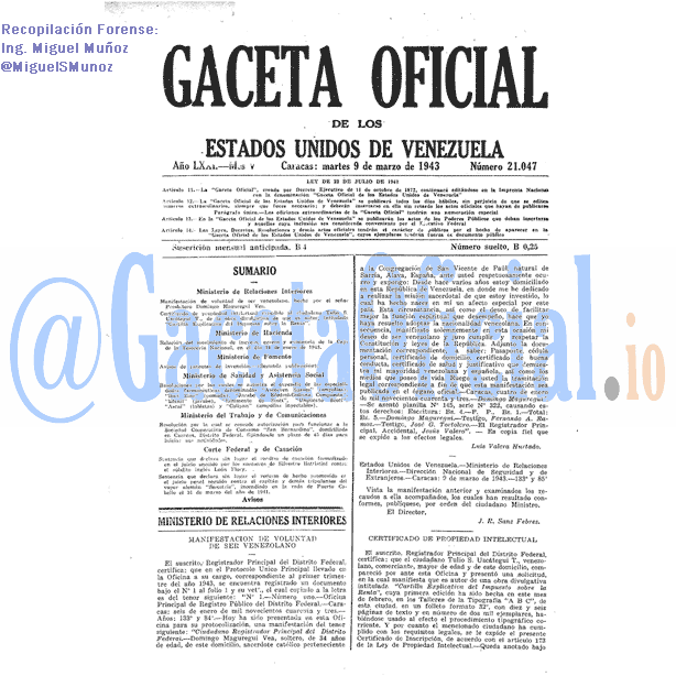 Gaceta Oficial 21047 del 9 Marzo 1943