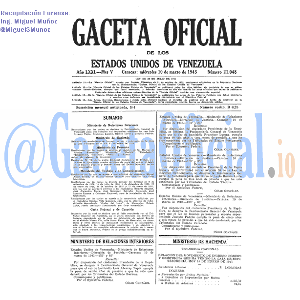 Gaceta Oficial 21048 del 10 Marzo 1943