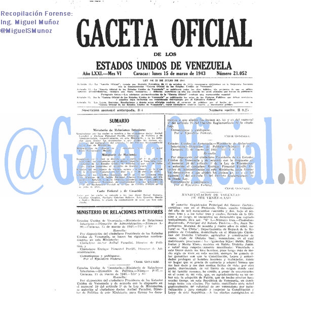 Gaceta Oficial 21052 del 15 Marzo 1943