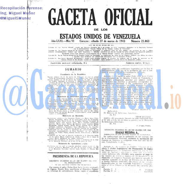 Gaceta Oficial 21063 del 27 Marzo 1943