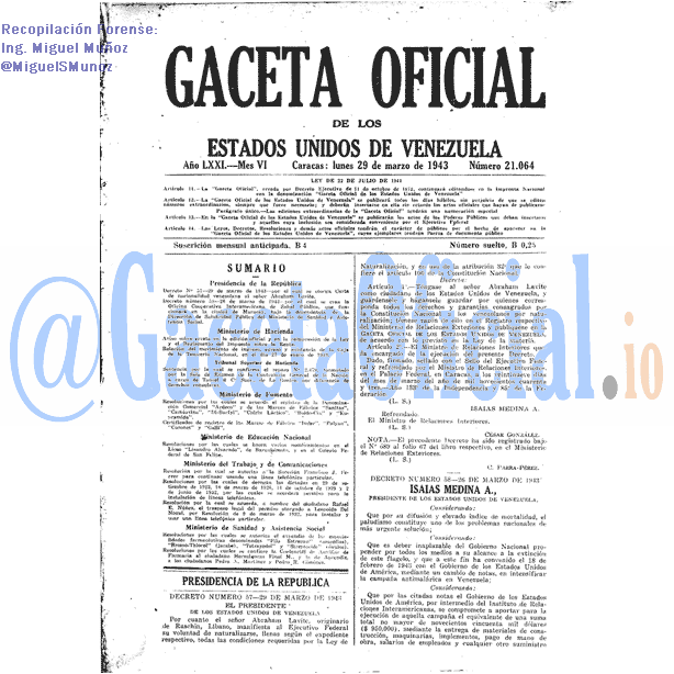 Gaceta Oficial 21064 del 29 Marzo 1943