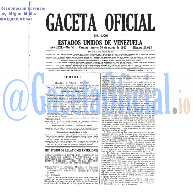 Gaceta Oficial 21065 del 30 Marzo 1943