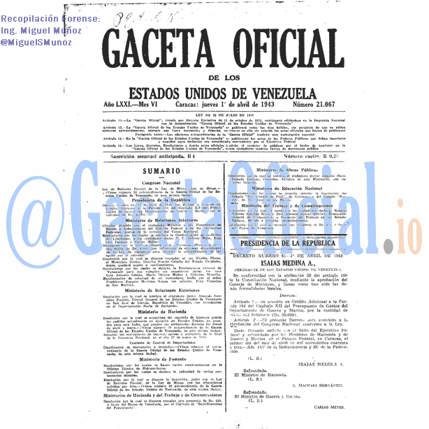 Gaceta Oficial 21067 del 1 Abril 1943