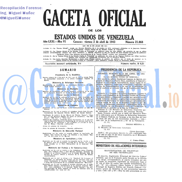 Gaceta Oficial 21068 del 2 Abril 1943