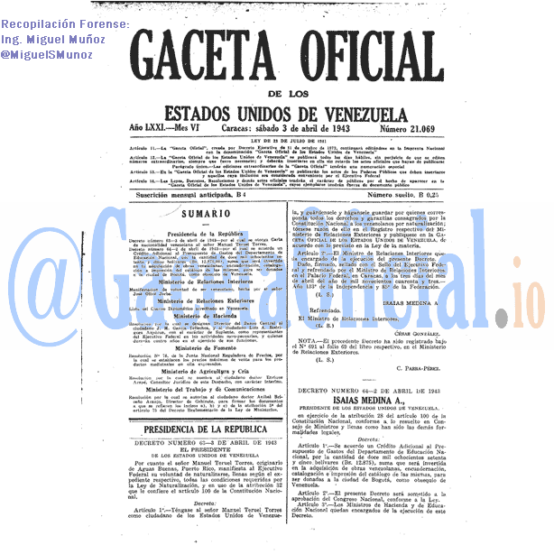 Gaceta Oficial 21069 del 3 Abril 1943