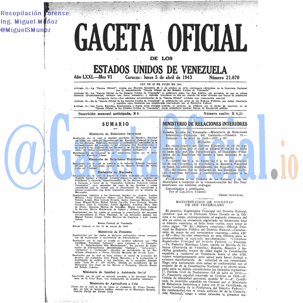 Gaceta Oficial 21070 del 5 Abril 1943