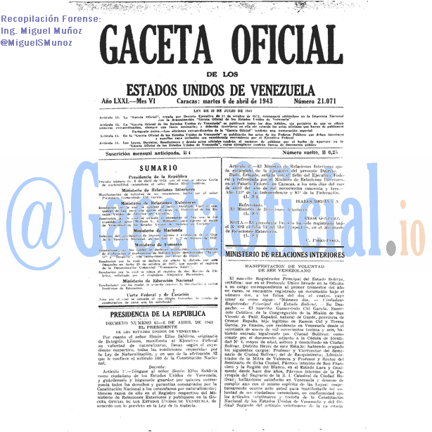 Gaceta Oficial 21071 del 6 Abril 1943