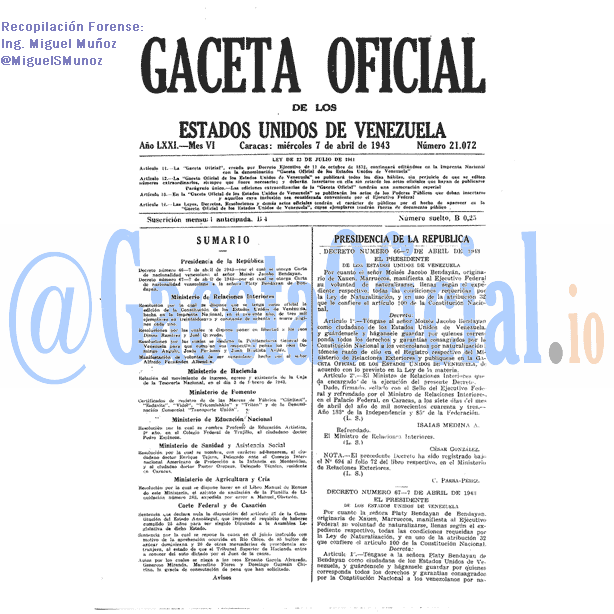Gaceta Oficial 21072 del 7 Abril 1943